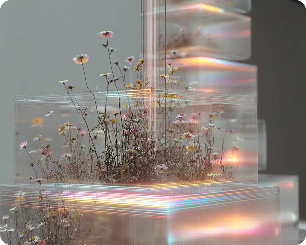 Delicate wildflowers growing inside transparent, glowing, prism-like cubes with rainbow light reflections.