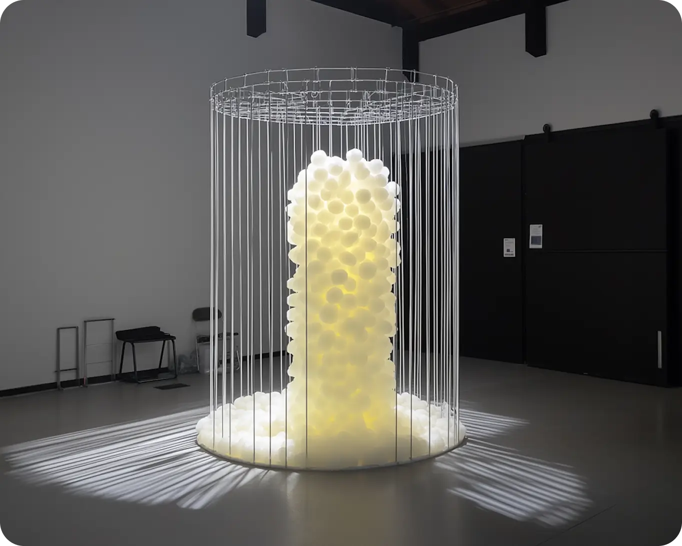 Art installation of vertical rods forming a cage with glowing white spheres inside and light patterns on floor.
