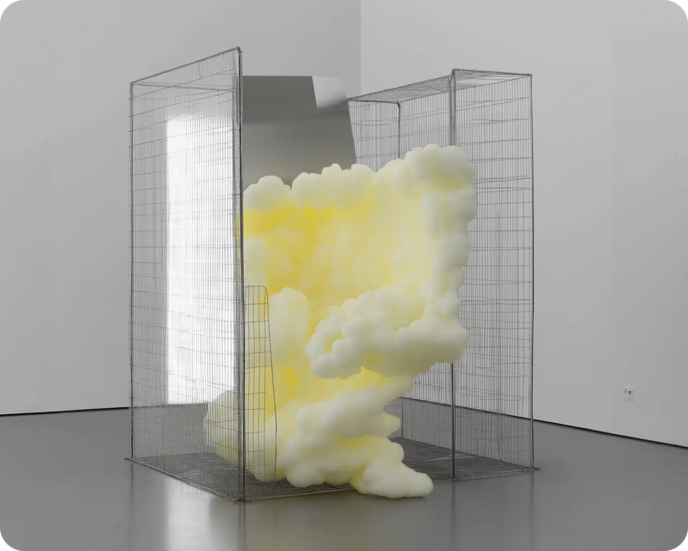 Yellow and white foam sculpture inside a wireframe metal cage in a minimalist gallery space.