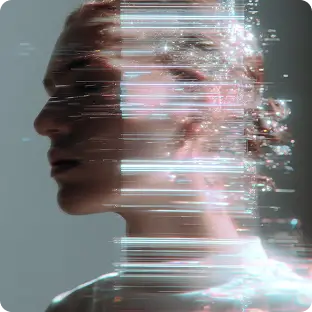 Side profile of a woman’s face with digital light streaks blending into her head and neck.