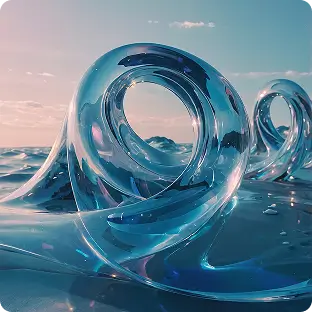 Close-up of translucent glass-like twisted waves on ocean surface under a pastel sky.
