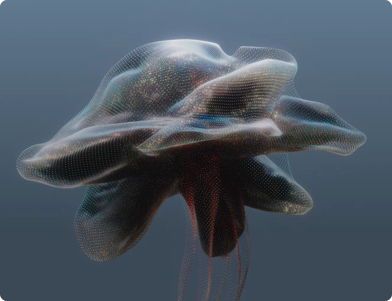 Abstract translucent digital shape resembling a jellyfish with glowing dots on a gray background.
