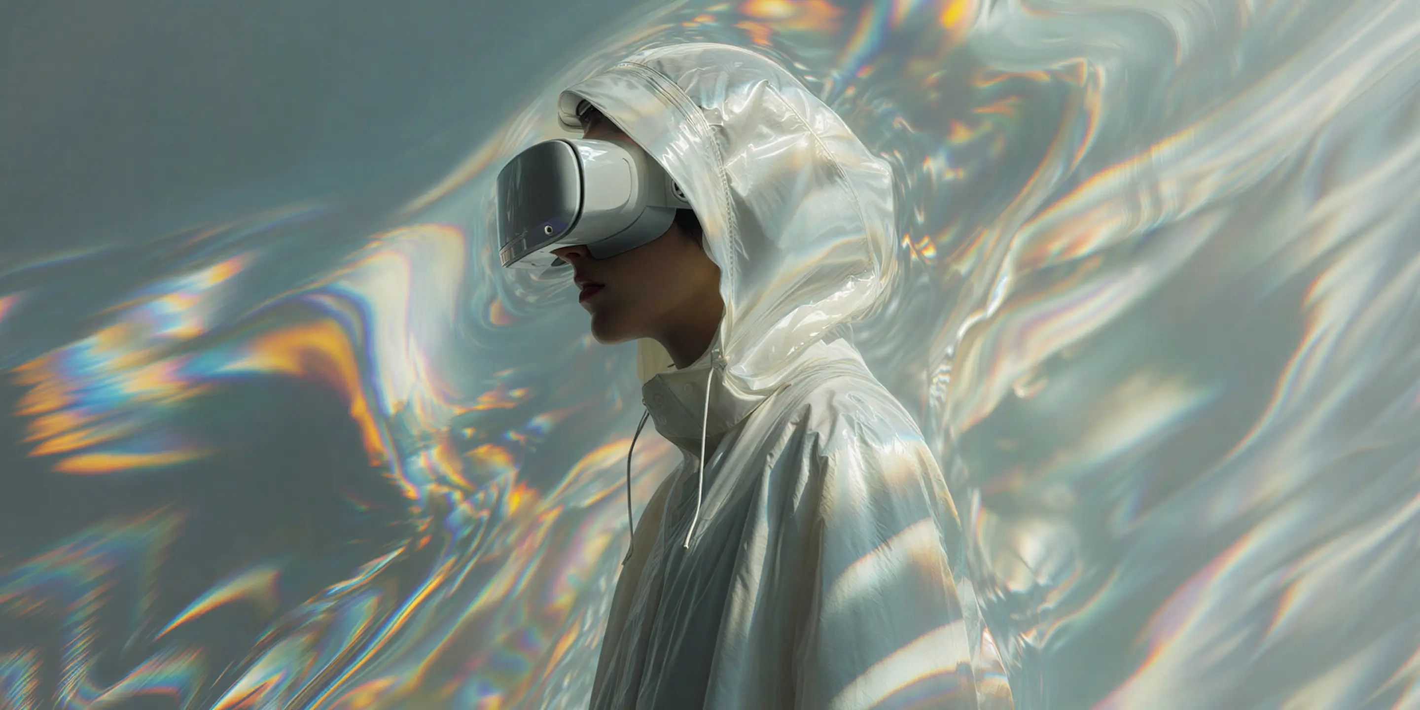 Person wearing shiny hooded jacket and virtual reality headset with colorful light reflections in background.