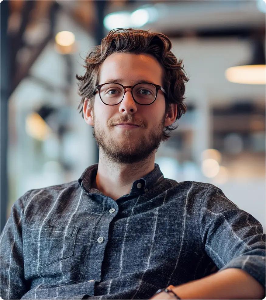 Man with glasses and beard wearing tan jacket looking thoughtfully to the side against plain background.