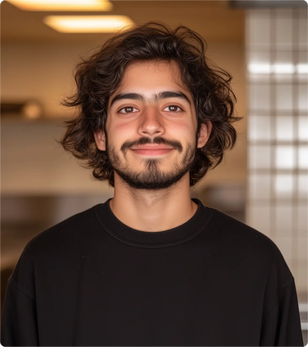 Young man with curly hair, black glasses, and a white t-shirt against a plain background.