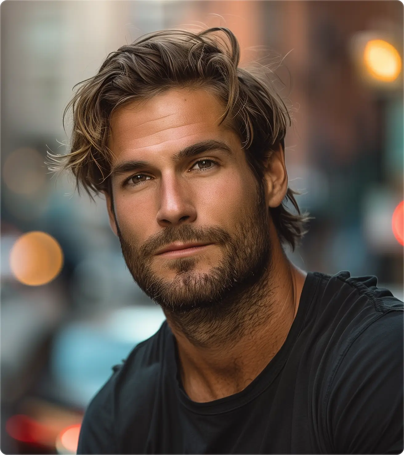Man with medium-length hair and glasses wearing a black shirt looking slightly upward.